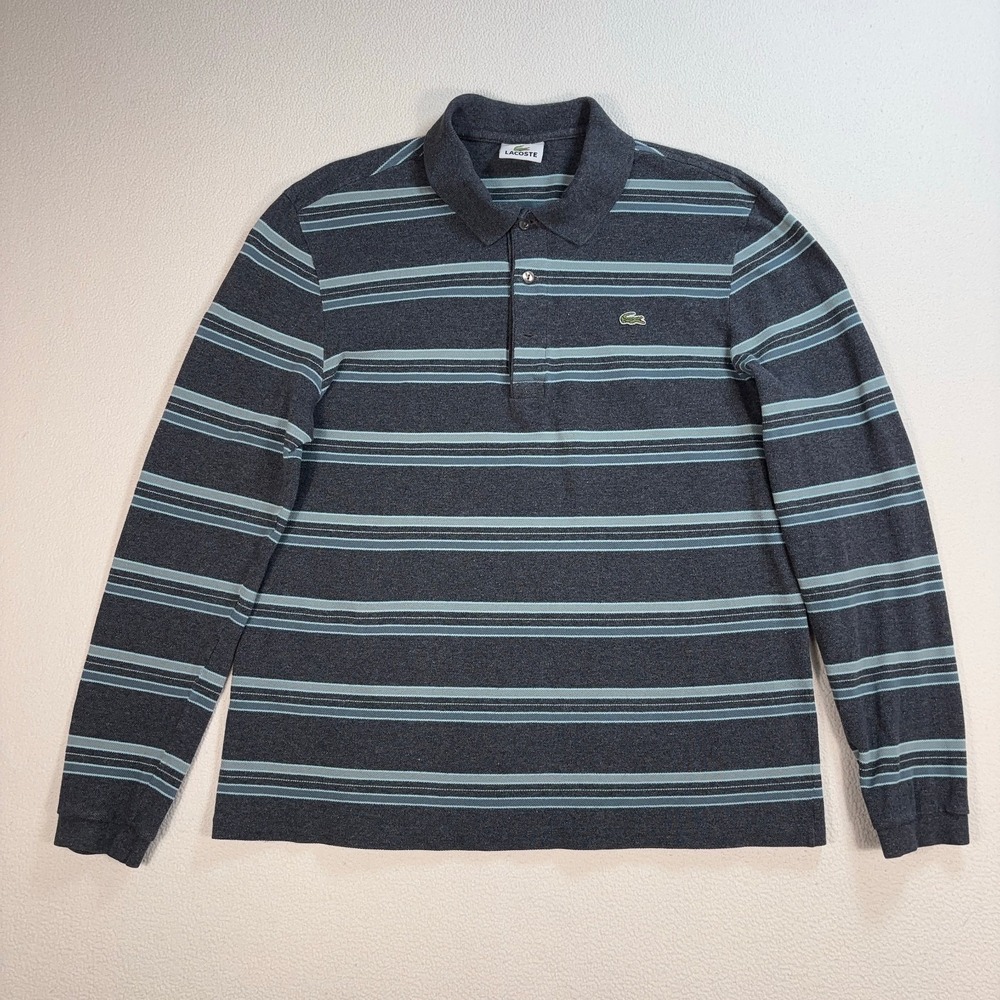 Lacoste Rugby Polo Shirt Men's 4/M Gray Stripe 100% Cotton *Missing Button F5191